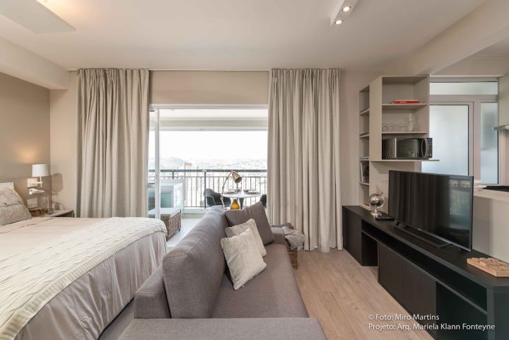 Projeto - Residencial - Studio Jundiaí Bege - Interiores - Dormitório, Varanda, Estar e TV