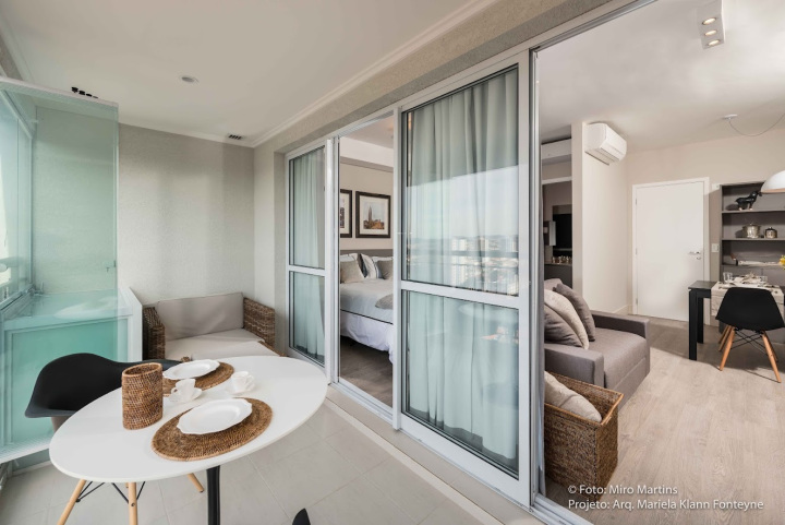 Projeto - Residencial - Studio Jundiaí Cinza- Interiores - Varanda, Estar e Dormitório